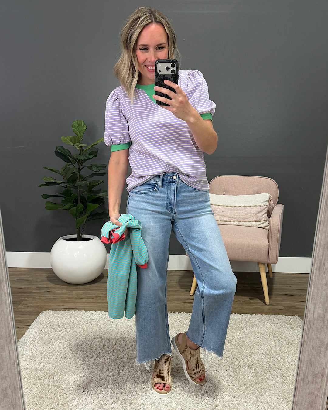 NEW! Becky Striped Puff Sleeve Top - Mint & Coral Staccato