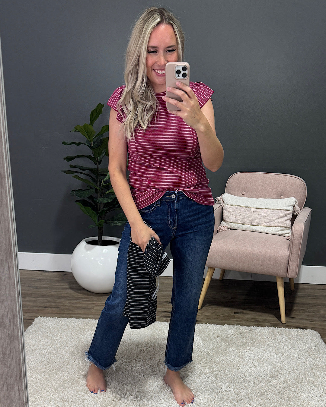 Holly Striped Ruffle Sleeve Top - Charcoal Staccato