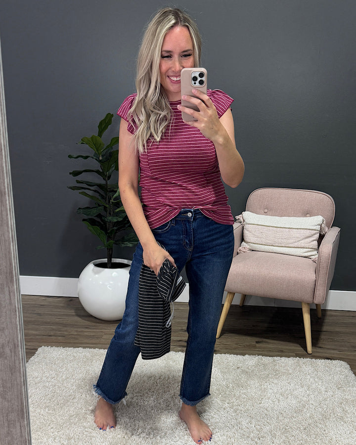 Holly Striped Ruffle Sleeve Top - Charcoal Staccato