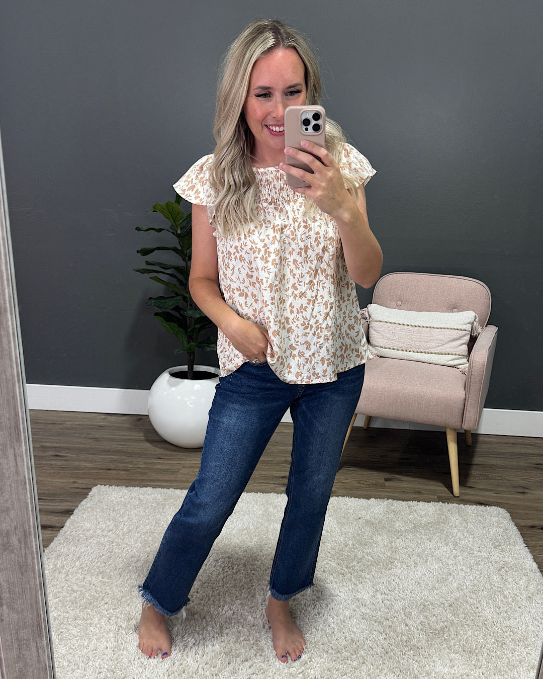 Cambree Smocked Baby Doll Top - Taupe Staccato