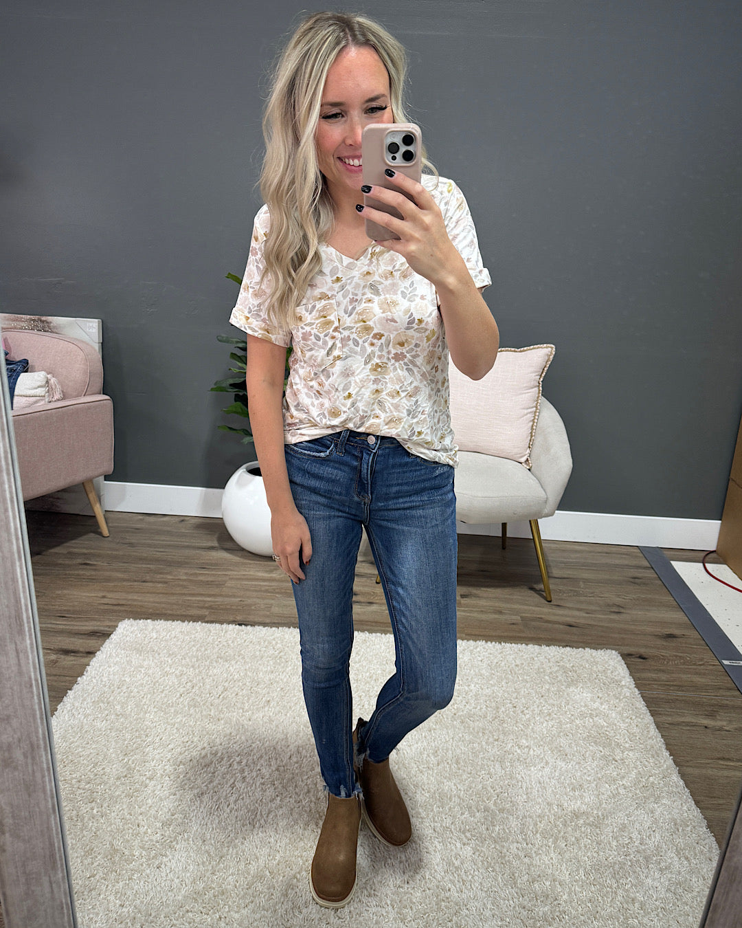 Step Right Out V Neck Pocket Top - Neutral Floral Michelle Mae