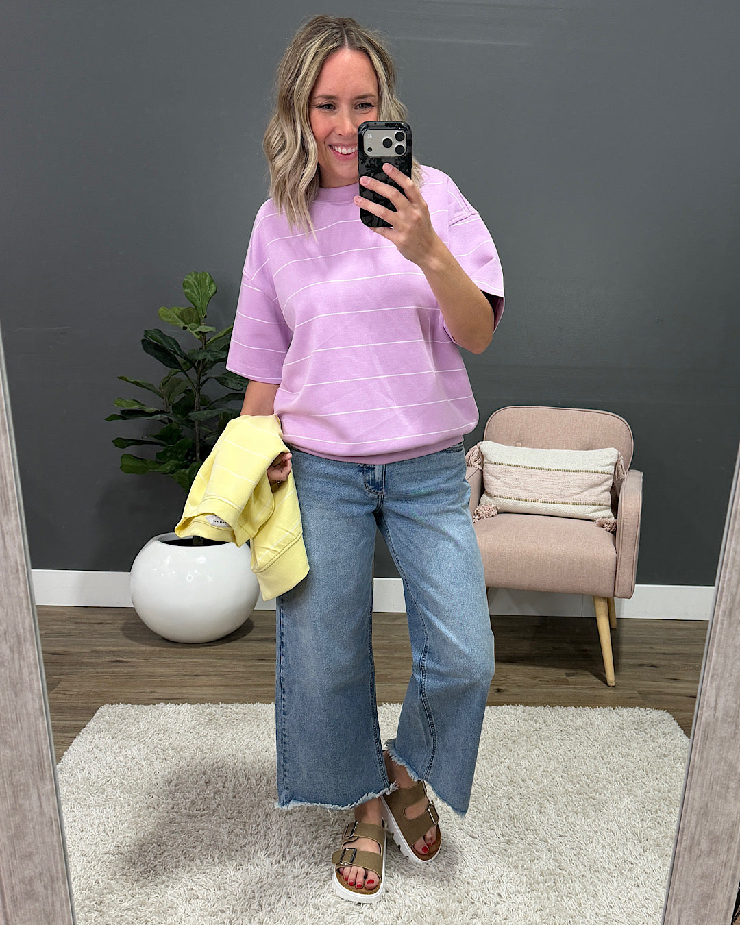 NEW! Macey Scuba Fabric Striped Top - Lemon & Cream
