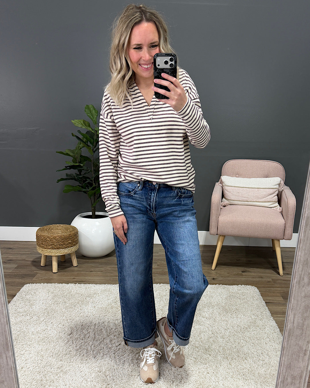NEW! Laurel Striped V Neck Cozy Pullover - Sage Staccato