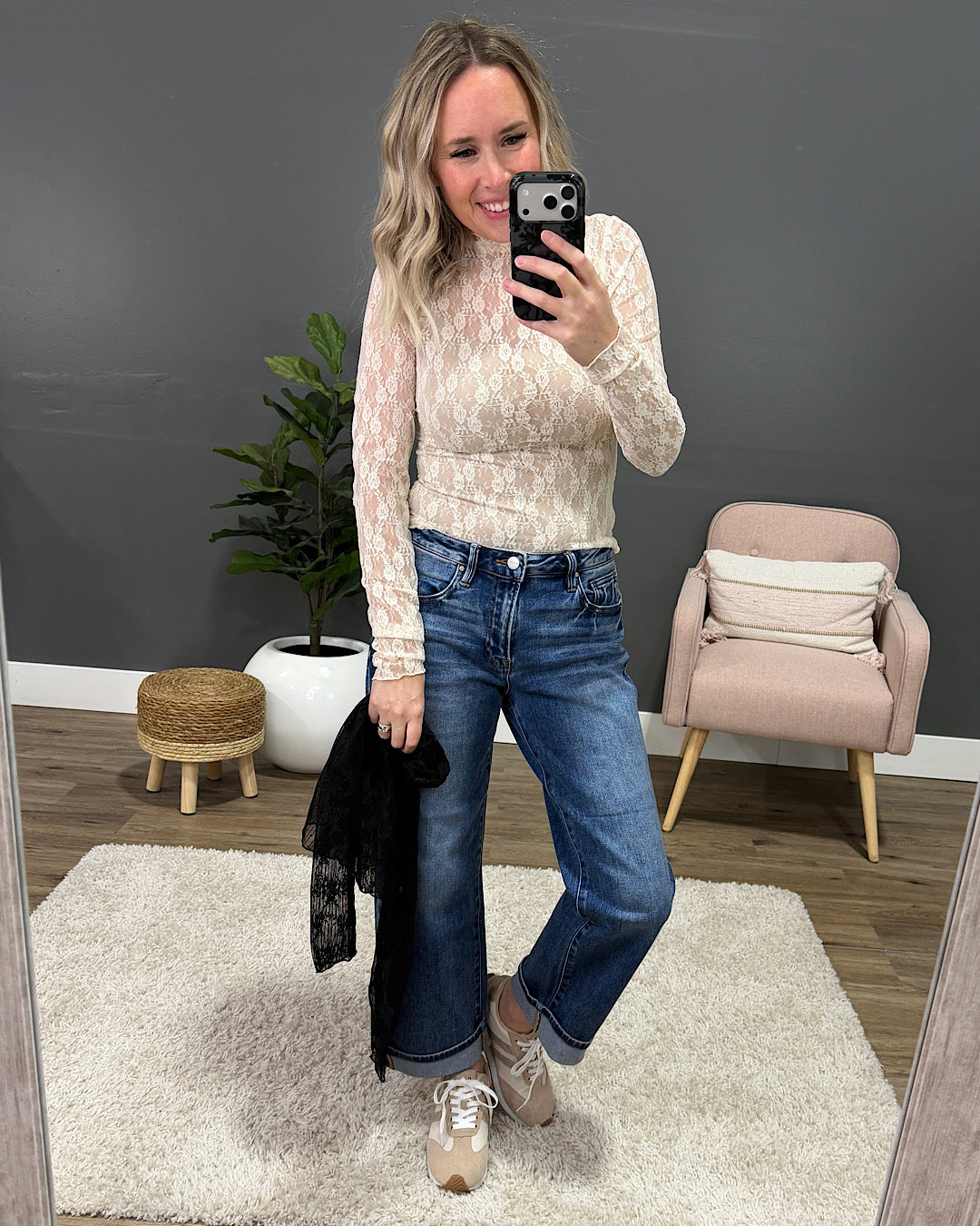 Aubrey Long Sleeve Lace Top - Black Stripe Very J