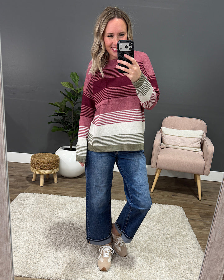 Janelle Multi Color Knit Sweater - Rose & Burgundy Staccato