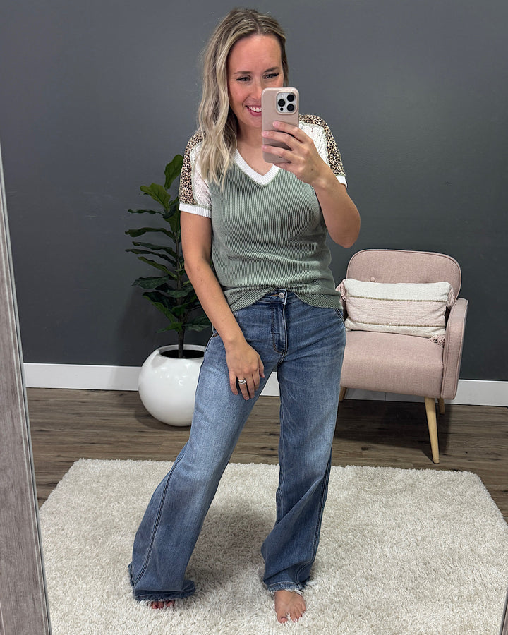 NEW! Angelica Mixed Fabric Corded Top - Light Olive 7th Ray