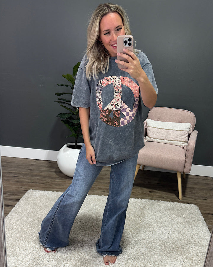 Patchwork Peace Sign Gray Denim Mineral Wash Tee Zutter