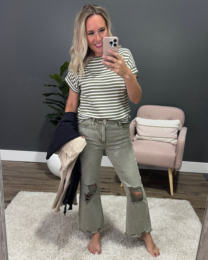 Gia Wide Leg Distressed Cropped Jeans - Sand Beige Zenana