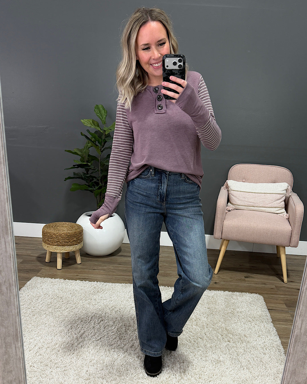 NEW! Eve Contrast Stripe Sleeve Henley Top - Vintage Mulberry 7th Ray