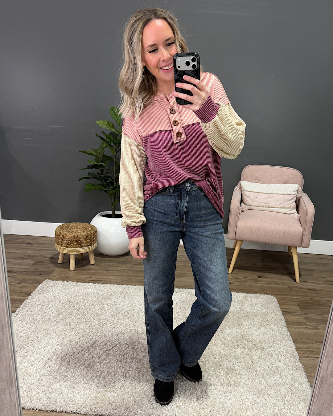 NEW! Andrea Corded Color Block Henley Top - Marsala 7th Ray