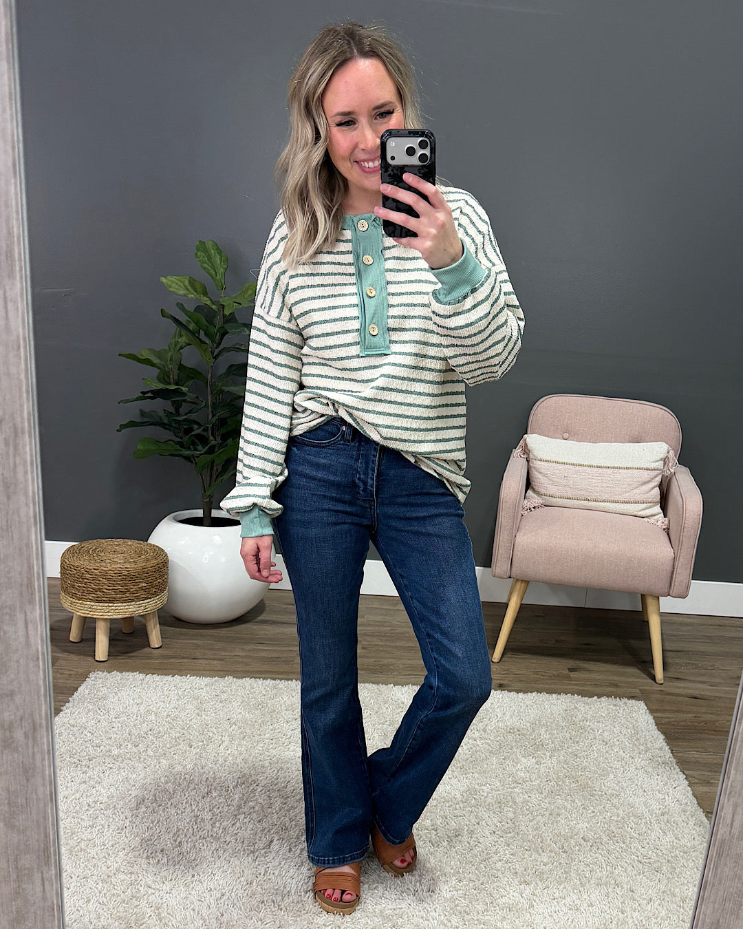 NEW! Katherine Textured Striped Henley Top - Sage Lovely Melody