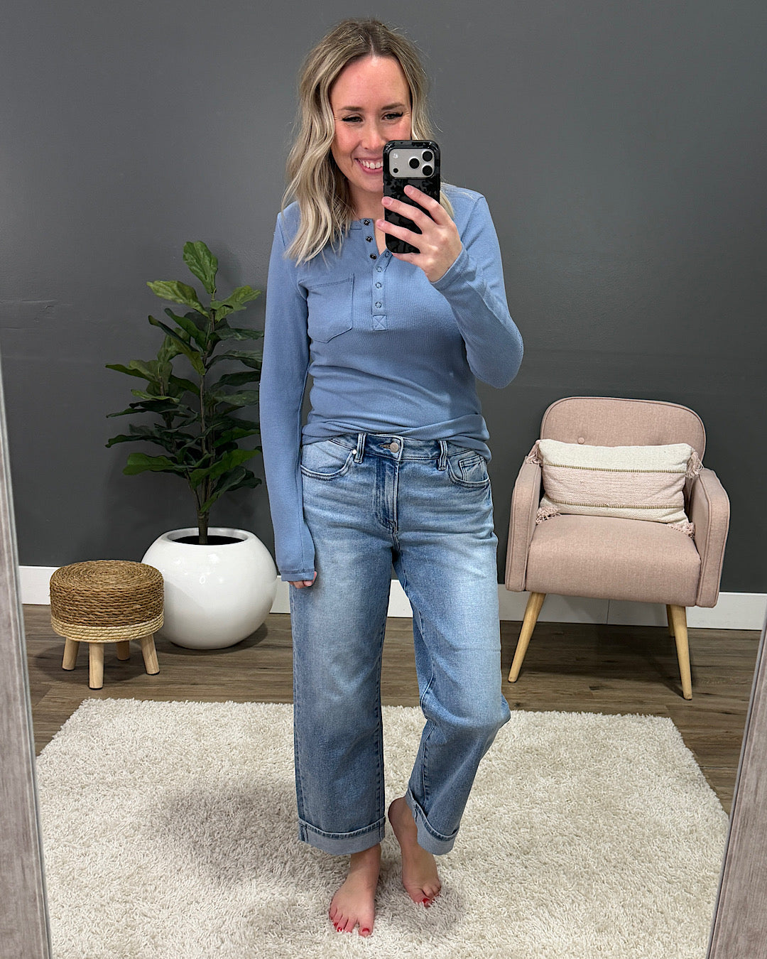 NEW! Georgia Henley Long Sleeve Top - Dusty Blue Michelle Mae