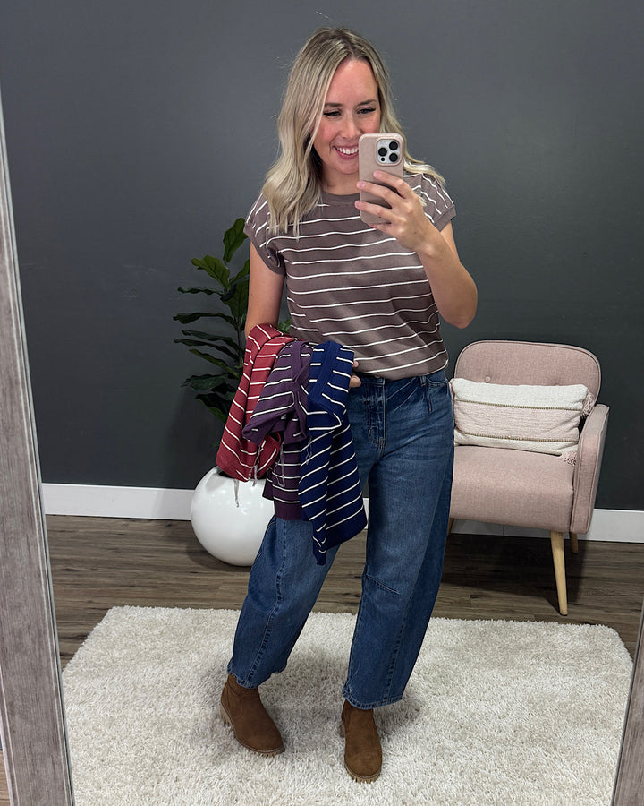 NEW! Allie Striped Short Sleeve Sweater - Marsala Staccato