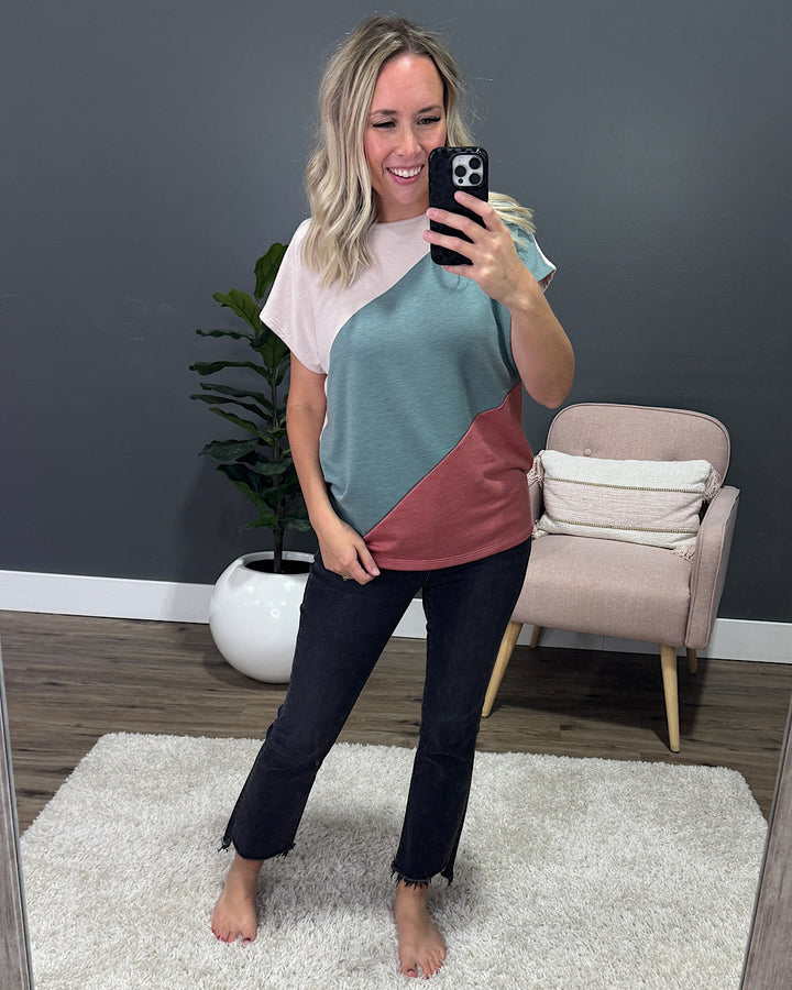 NEW! Elaine Color Block Top - Olive & Rust Staccato