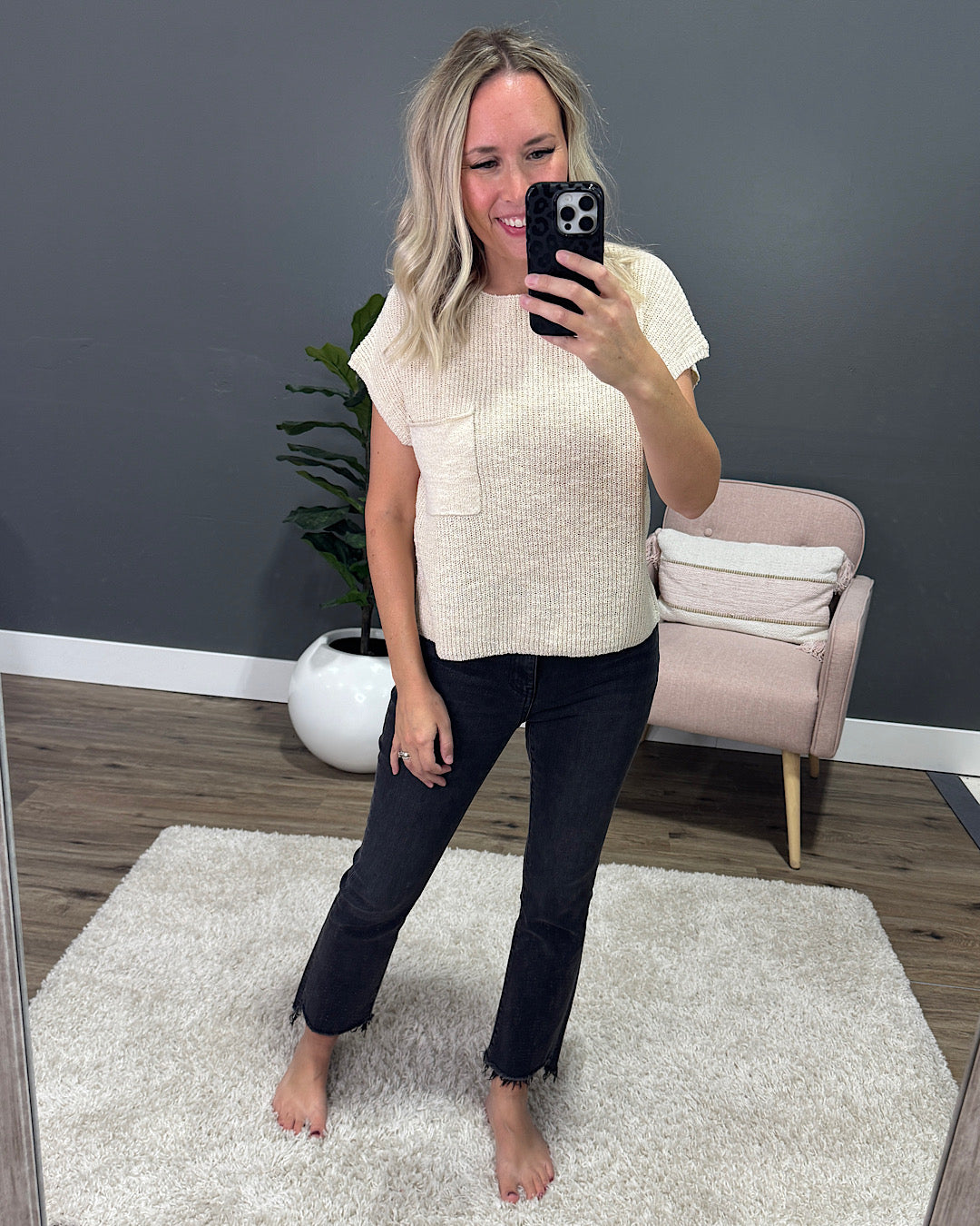 NEW! Eloise Short Sleeve Pocket Sweater - Natural Be Cool