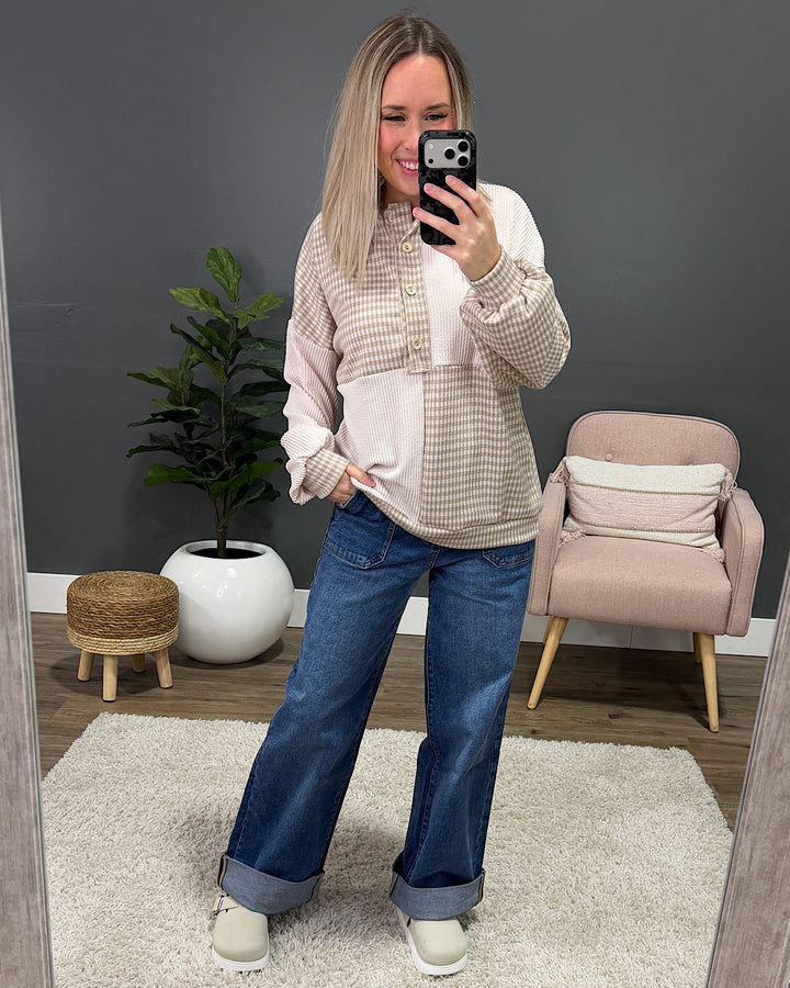 NEW! Cassie Mixed Fabric Henley Top - Taupe Lovely Melody