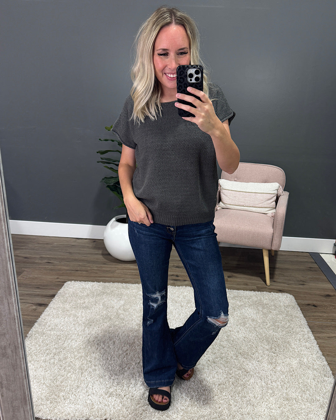 NEW! Raquel Open Weave Short Sleeve Sweater - Gun Metal Staccato