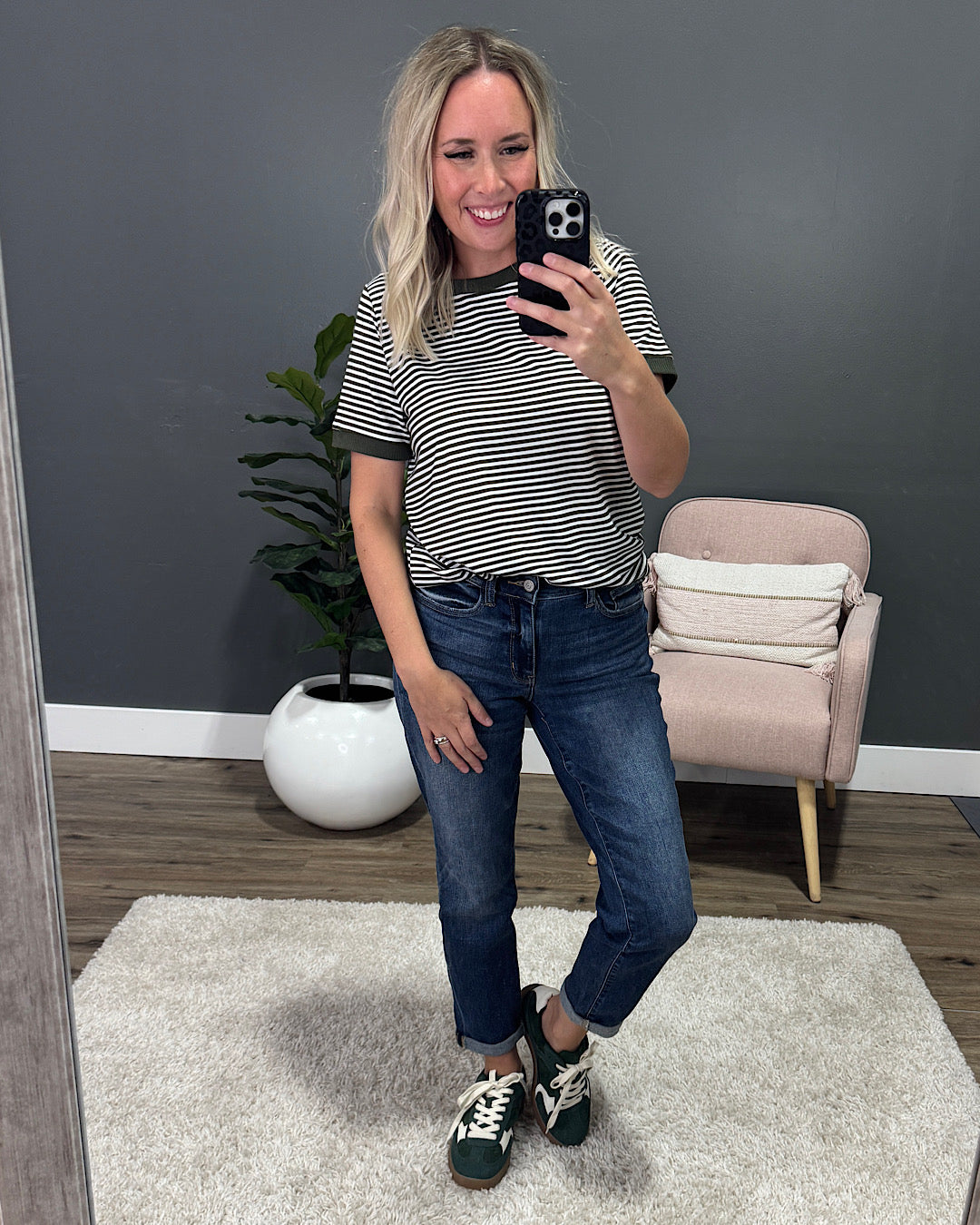 NEW! Meredith Striped Crewneck Top - Olive Staccato