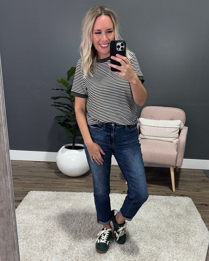 NEW! Meredith Striped Crewneck Top - Olive Staccato