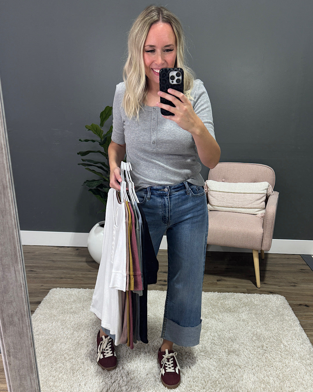 NEW! Abigail Ribbed Scoop Neck Henley Top - Heather Mocha Be Cool