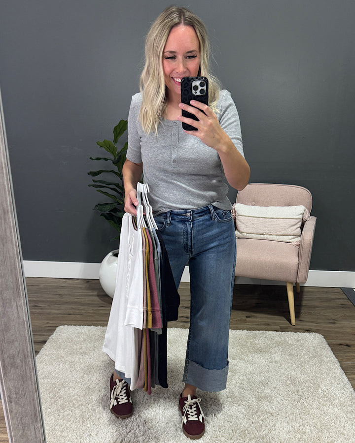 NEW! Abigail Ribbed Scoop Neck Henley Top - Heather Mocha Be Cool