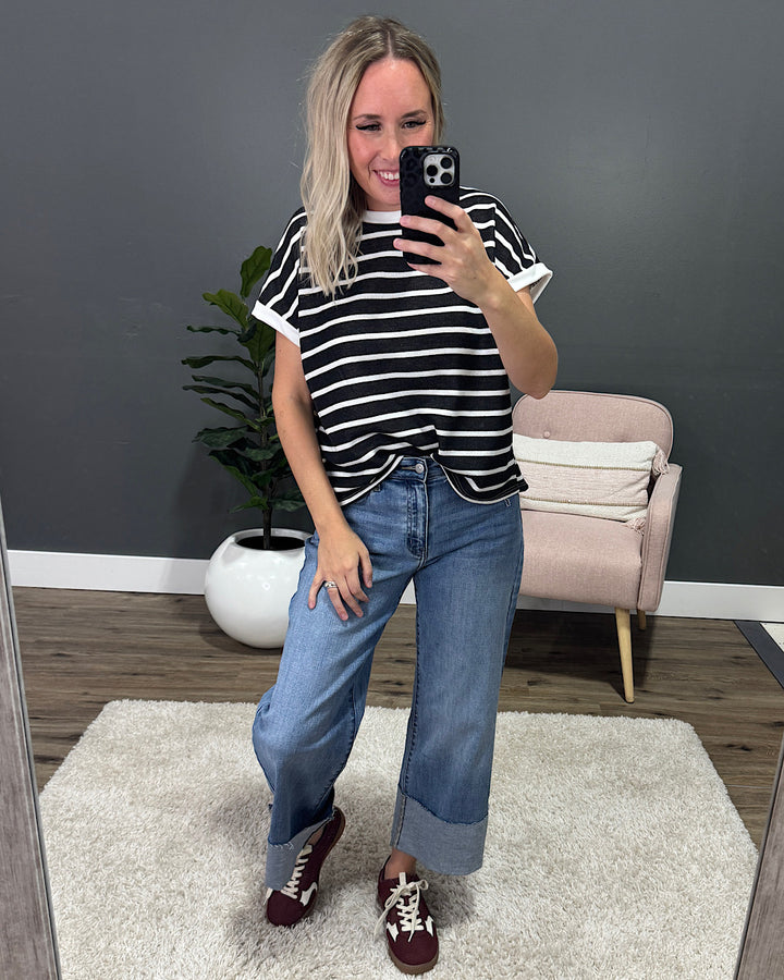 NEW! Nina Faded Striped Drop Shoulder Top - Black Lovely Melody