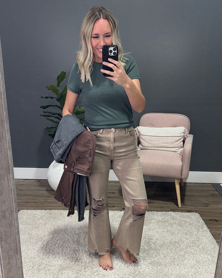 NEW! Gia Wide Leg Distressed Cropped Jeans - Mahogany Zenana