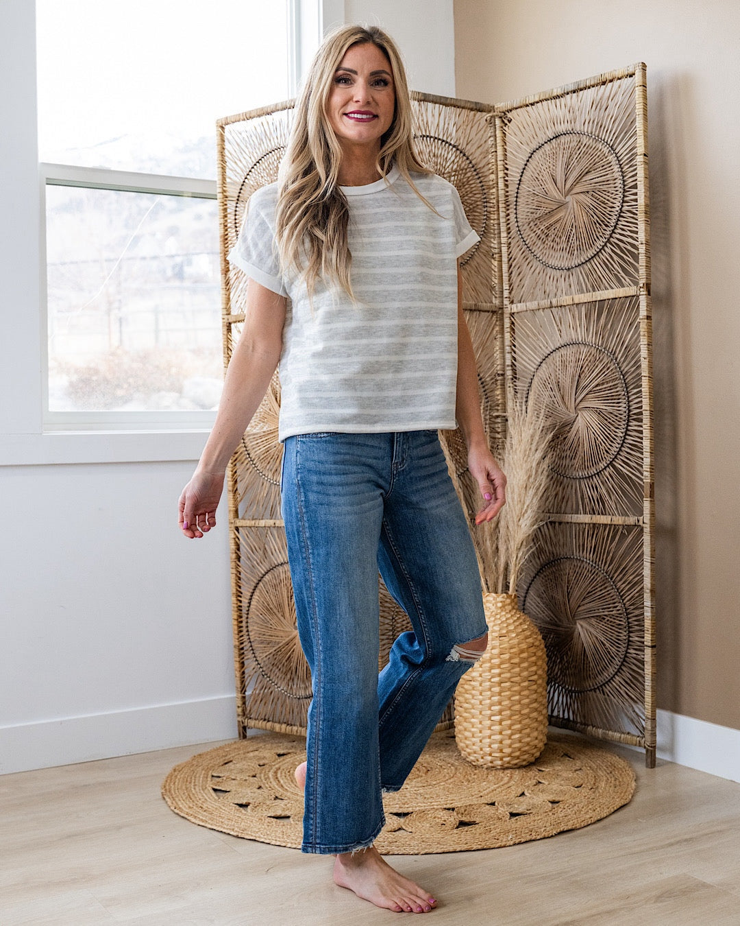 Nina Faded Striped Drop Shoulder Top - Heather Gray Lovely Melody