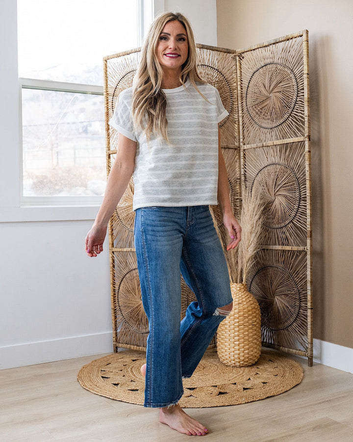 Nina Faded Striped Drop Shoulder Top - Heather Gray Lovely Melody