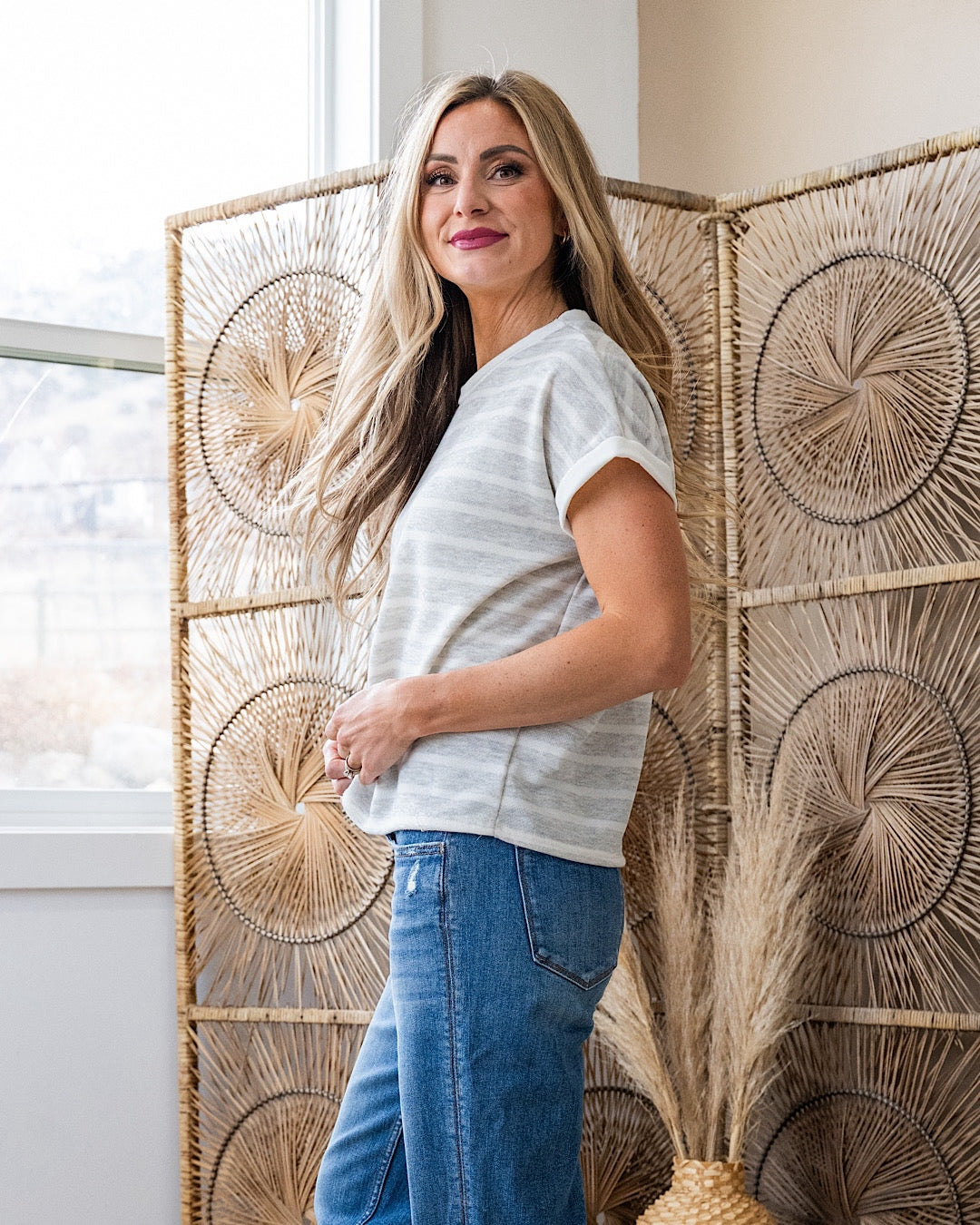 Nina Faded Striped Drop Shoulder Top - Heather Gray Lovely Melody