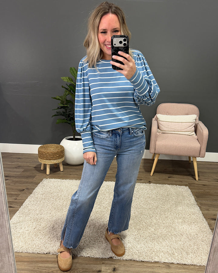 NEW! April Striped Bubble Sleeve Top - Blue Lovely Melody