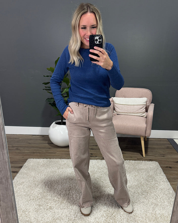 NEW! KanCan Heidi Elastic Waist Wide Leg Jeans - Taupe KanCan