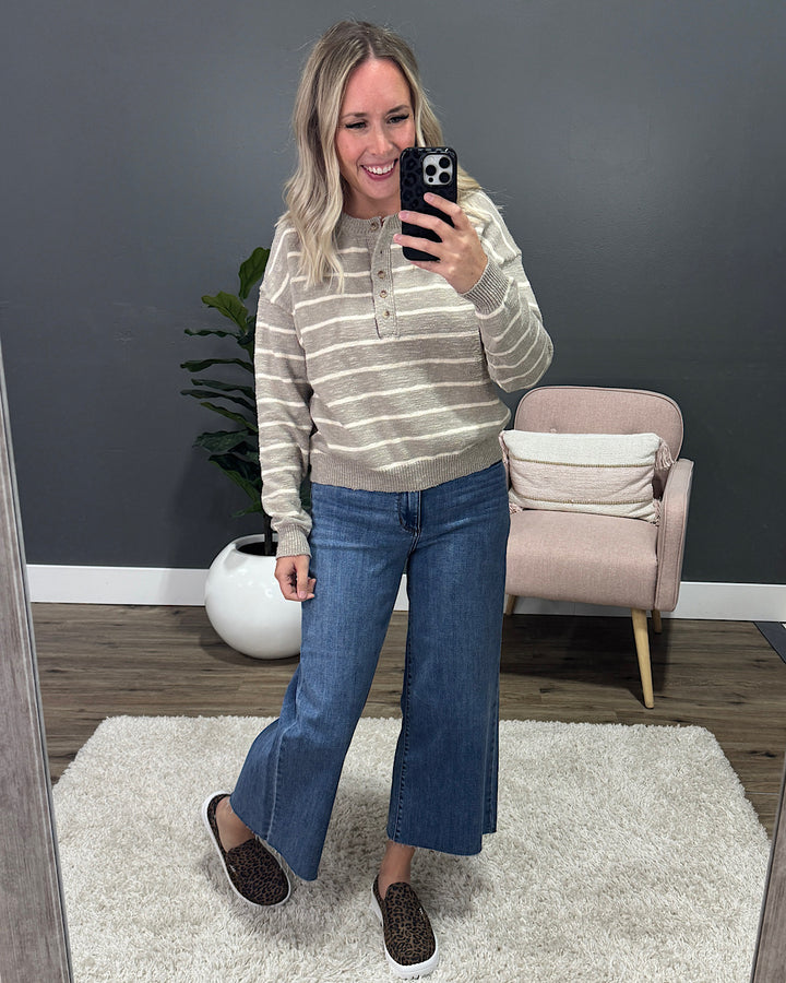 Leeann Striped Henley Sweater - Pebble Shirts & Tops Be Cool