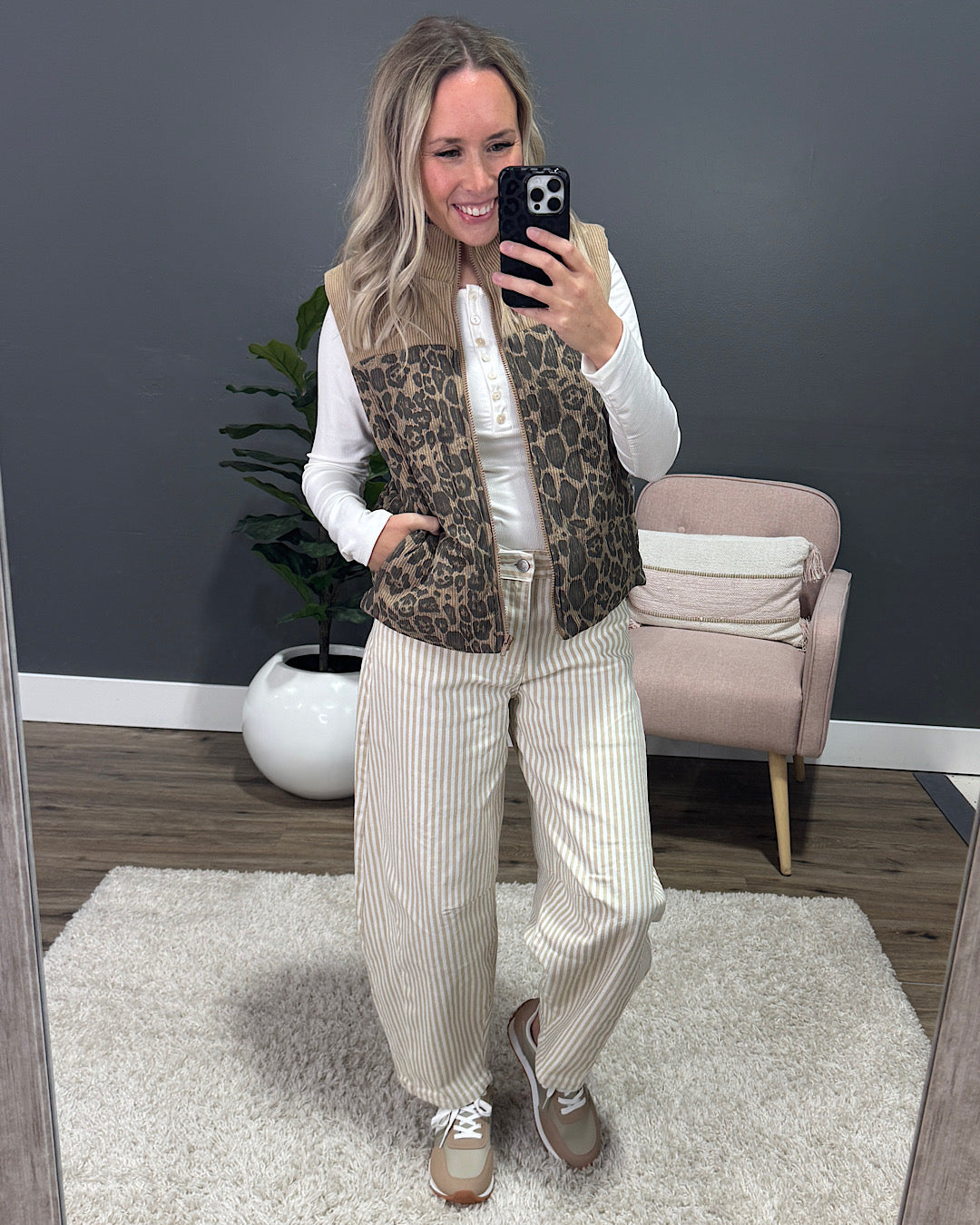NEW! Corduroy Leopard Print Puffer Vest - Taupe Staccato