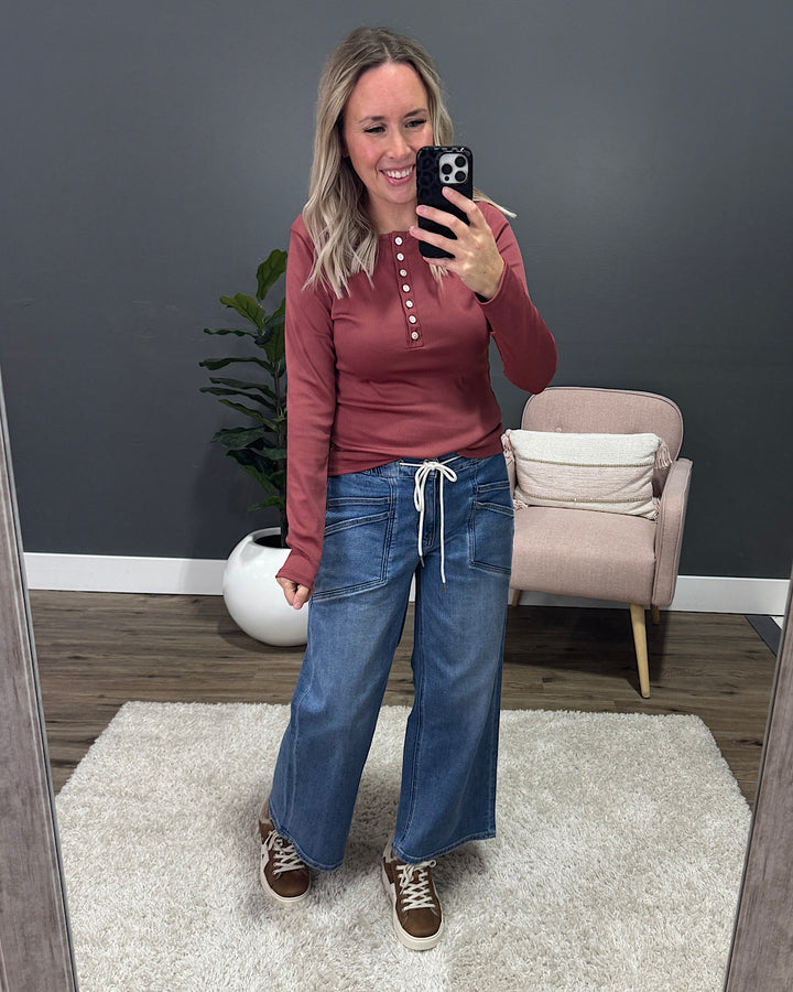 Tatum Micro Ribbed Henley Top - Dark Rose Lovely Melody