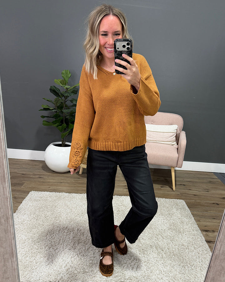 NEW! Ella Crochet Sleeve Sweater - Camel