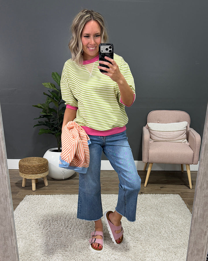 Jillian Striped Half Sleeve Top - Green & Pink Staccato