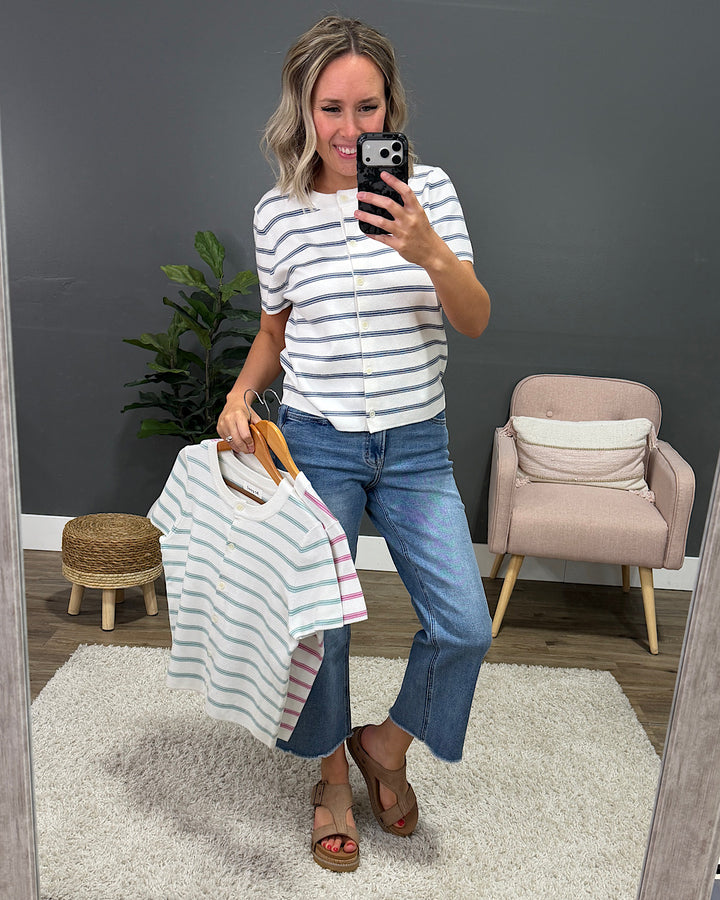 NEW! Courtney Striped Short Sleeve Cardigan - Seafoam Be Cool