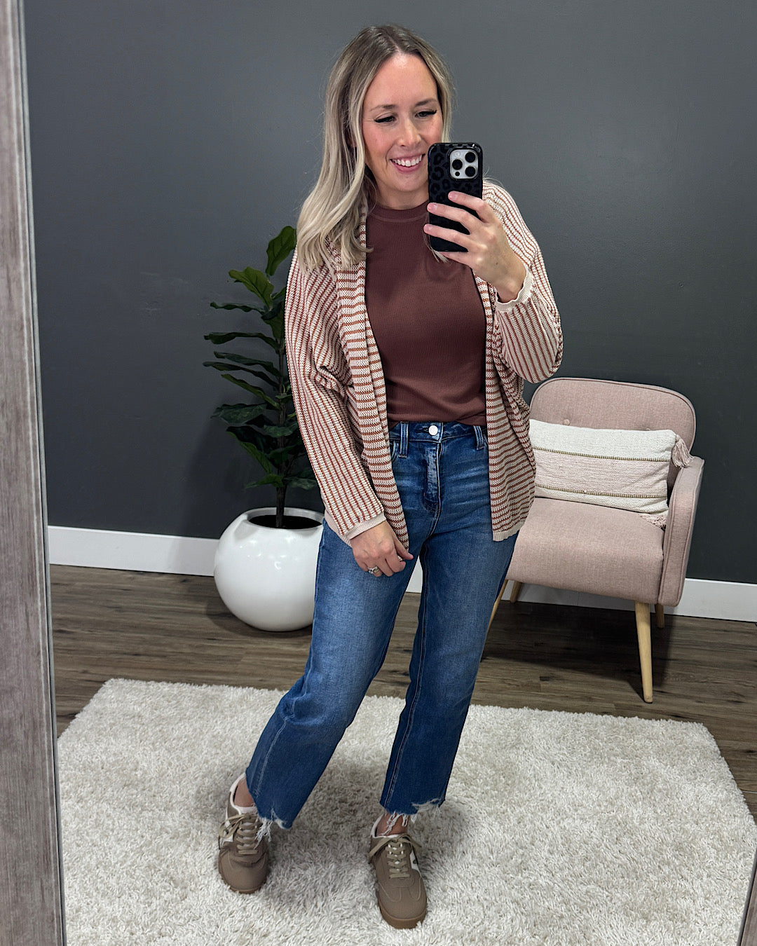 Brenda Striped Dolman Sleeve Open Cardigan - Auburn Be Cool