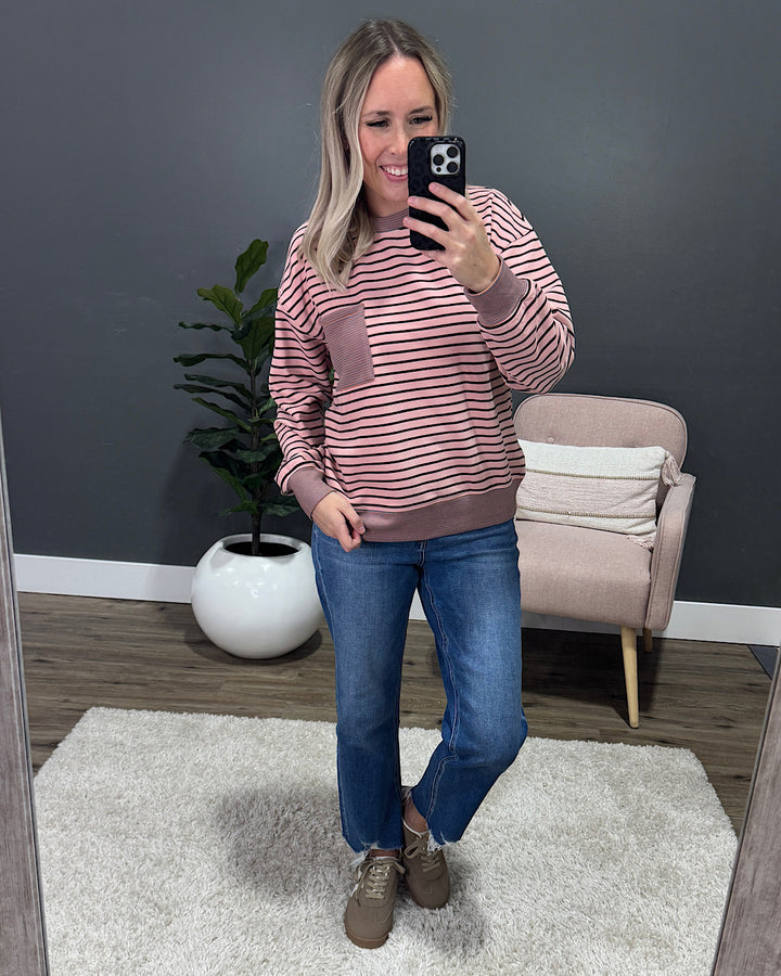 Trina Brushed Contrast Striped Pocket Top - Pink Staccato