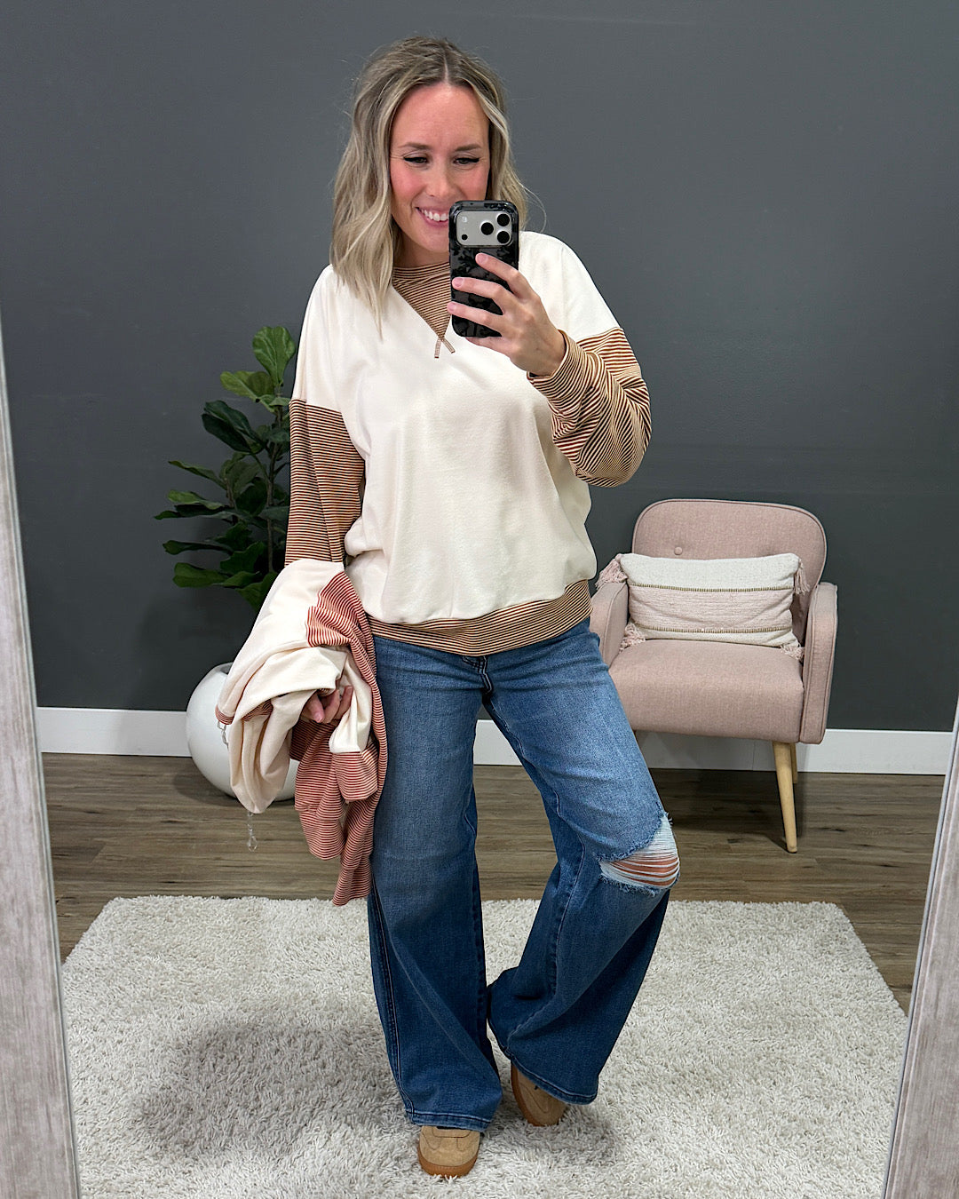 NEW! Danielle Striped Sleeve Brushed Top - Rust