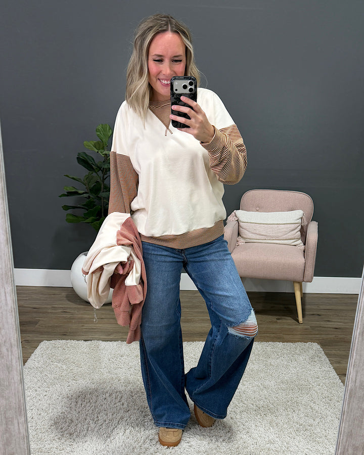 NEW! Danielle Striped Sleeve Brushed Top - Rust