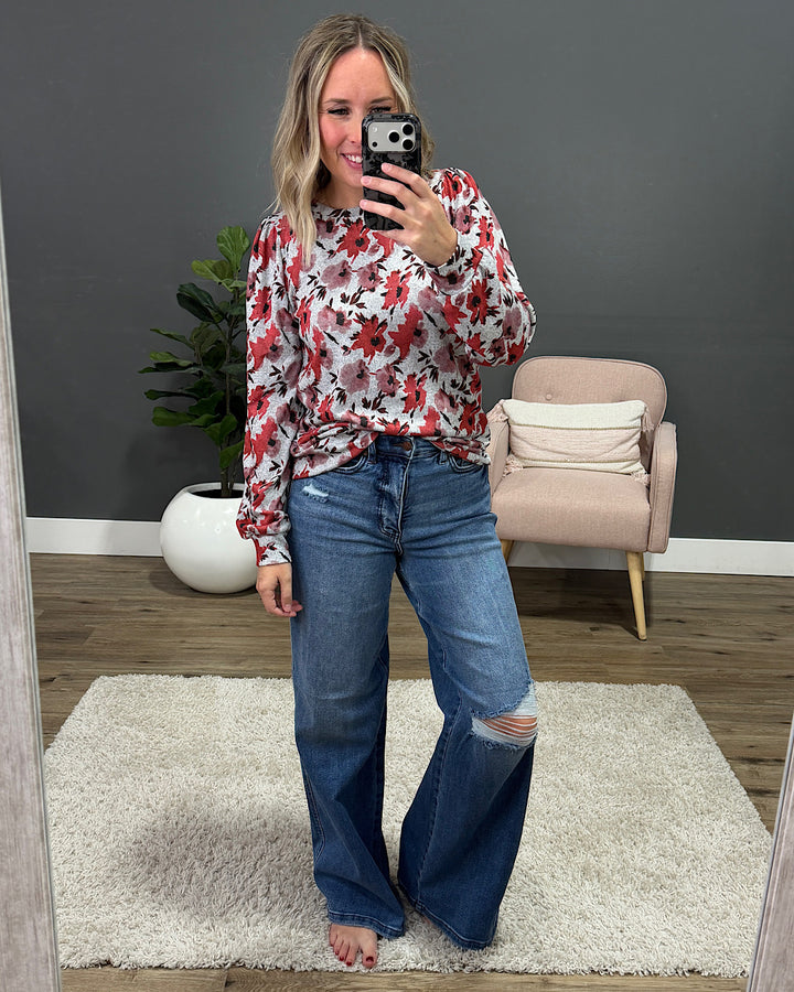NEW! Livie Floral Puff Sleeve Top - Red Staccato