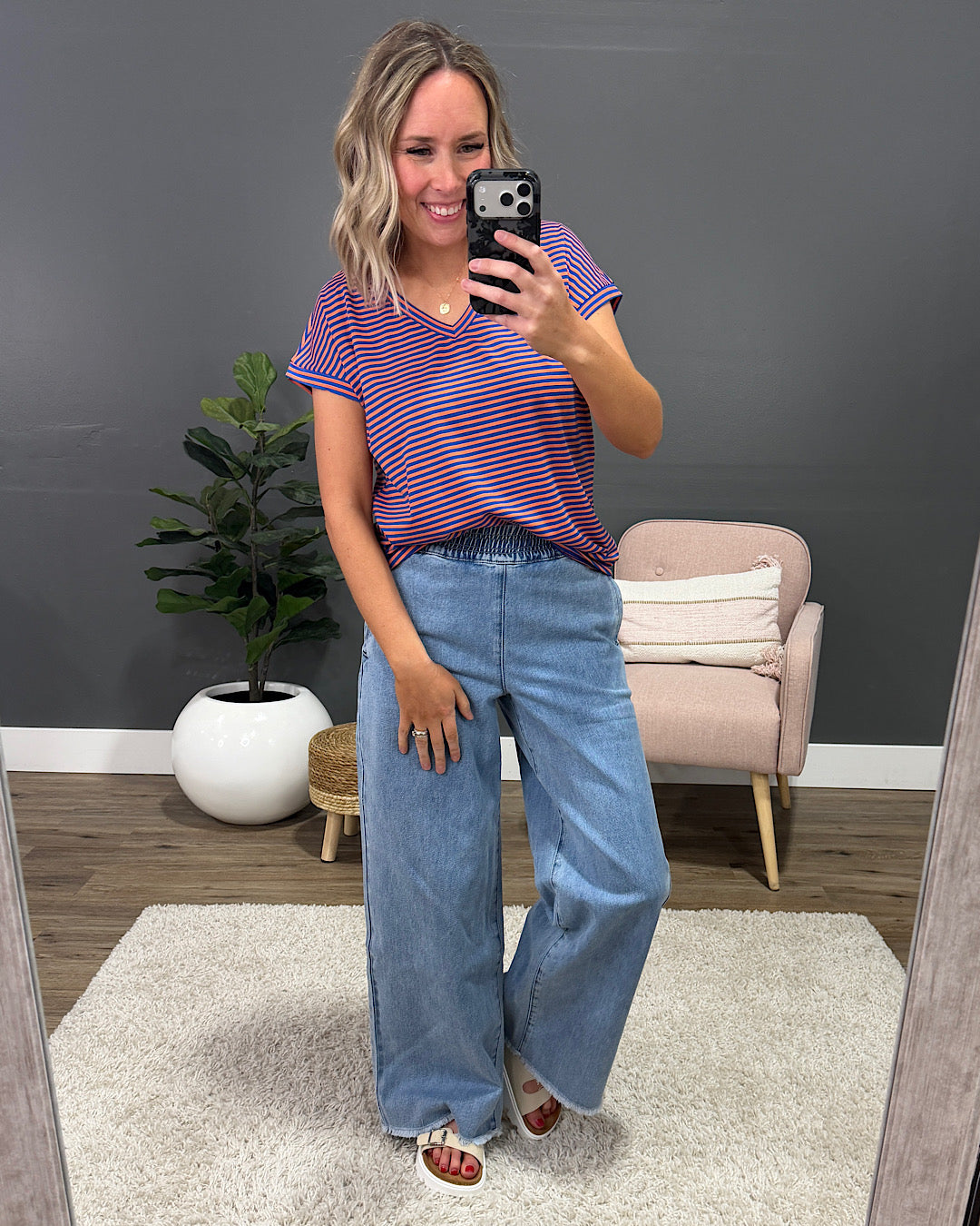 NEW! Nadia Striped V Neck Top - Orange & Royal Staccato