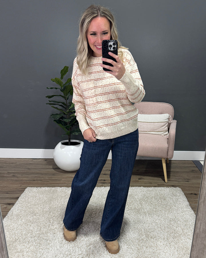 Paisley Rust Striped Pocket Sweater - Oatmeal Staccato
