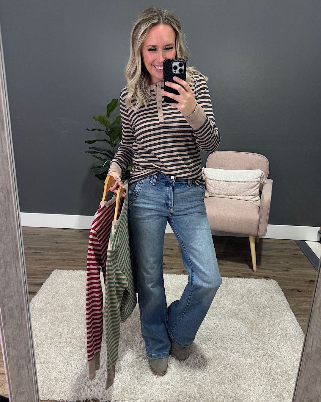 Claudia Striped Henley Top - Charcoal