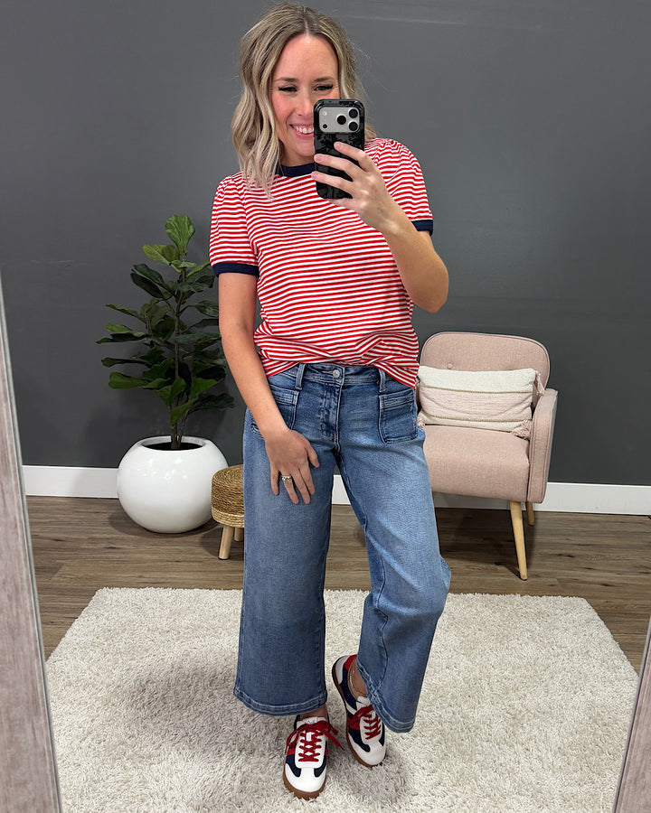 NEW! Mandy Puff Sleeve Striped Top - Red & Navy Staccato