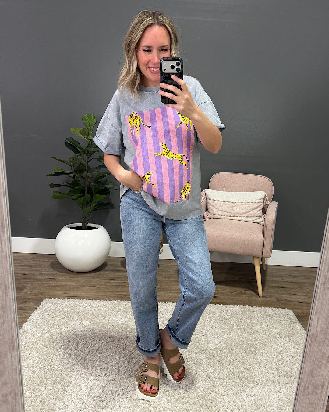 NEW! Striped Cheetah Gray Denim Tee Zutter