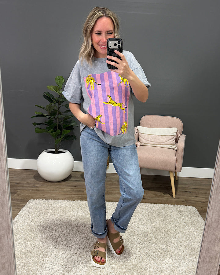 NEW! Striped Cheetah Gray Denim Tee Zutter