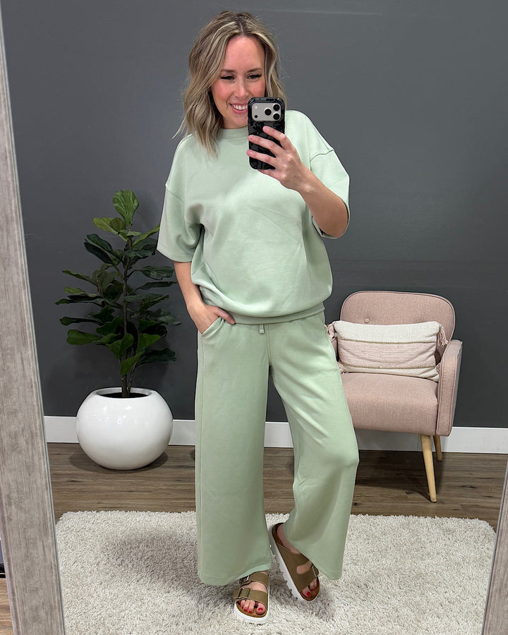 NEW! Kendall Scuba Fabric Wide Leg Pants - Pistachio Cream Rae Mode
